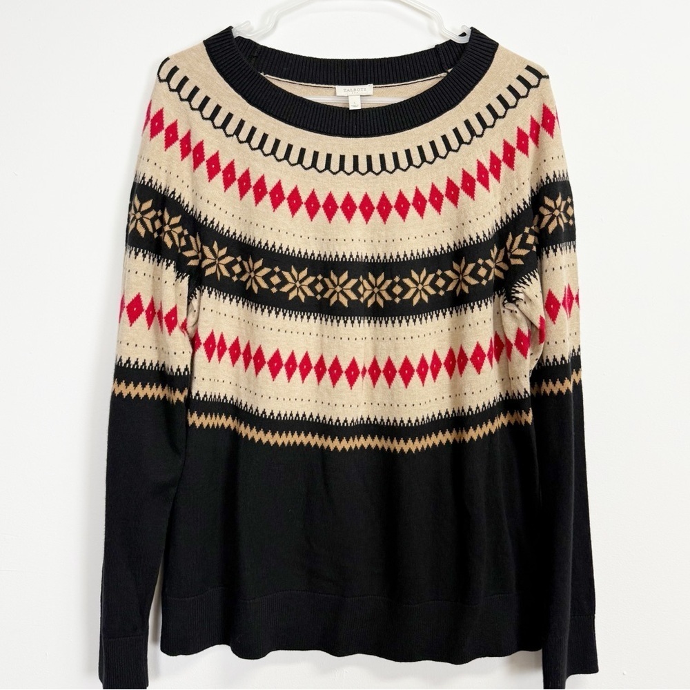 Talbots Sweater Large Black Tan Red Fair Isle Pullover Holiday Winter Knit